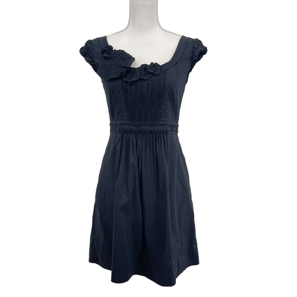 BCBG Maxazria Black Smocked Cap Sleeve Floral Appliqué Midi Dress Size Small